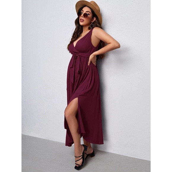 Maternity Solid Split Thigh Belted Dress - Picture 9 of 11